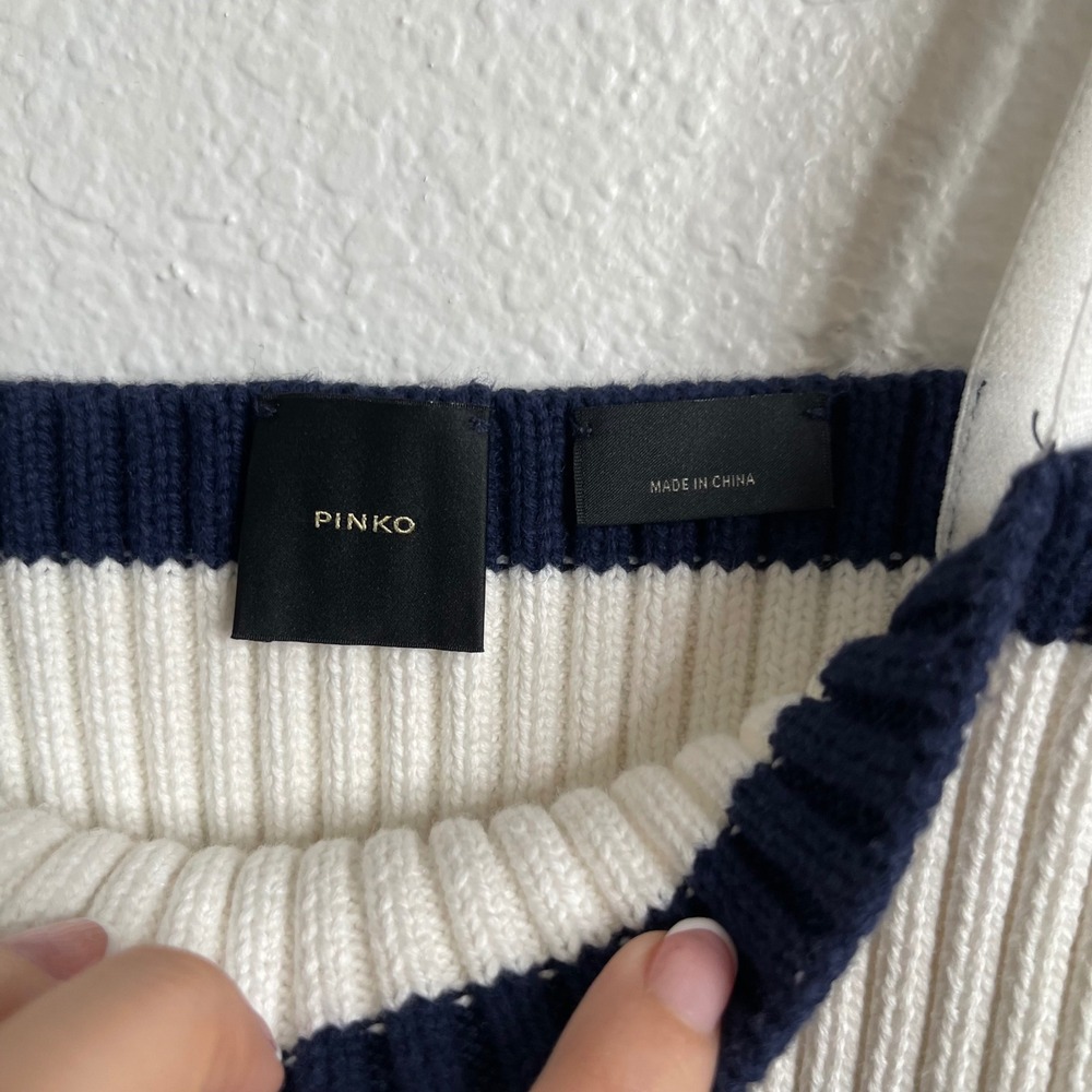 Pinko Womens Ribbed Knit Striped Crop Top Logo Straps Navy White‎ Sleeveless - Picture 3 of 4